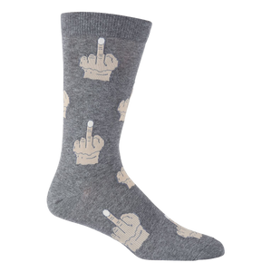 Single grey crew sock shown from the side, featuring a beige middle finger print. K.BELL logo is visible.