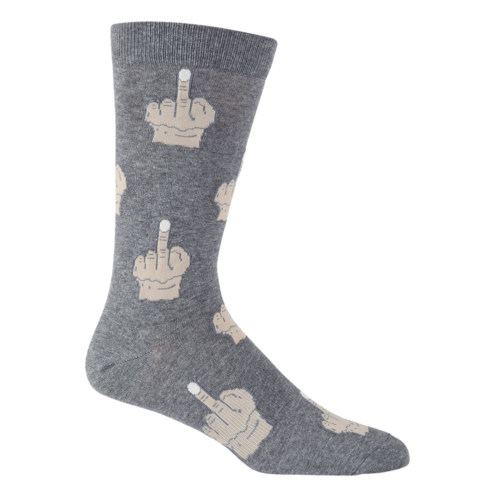 A pair of gray socks with a pattern of middle fingers.