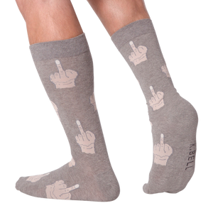 Flatlay image showing three pairs of Middle Finger socks in grey, blue, and dark brown.