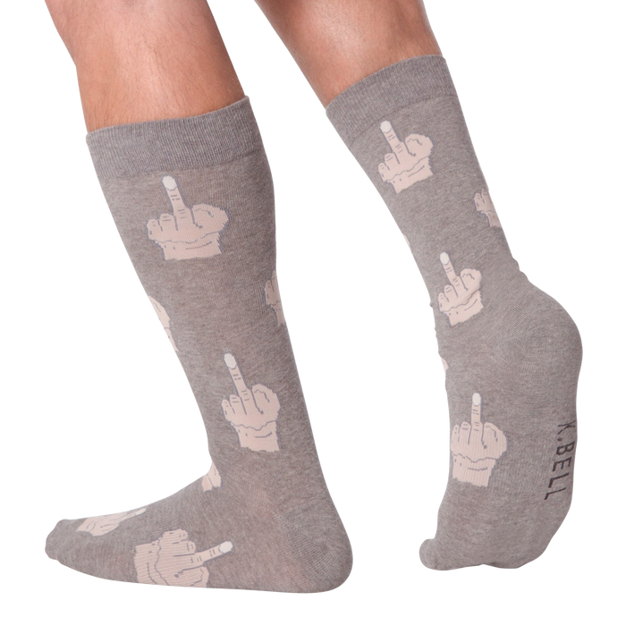 A pair of gray socks with a pattern of middle fingers.