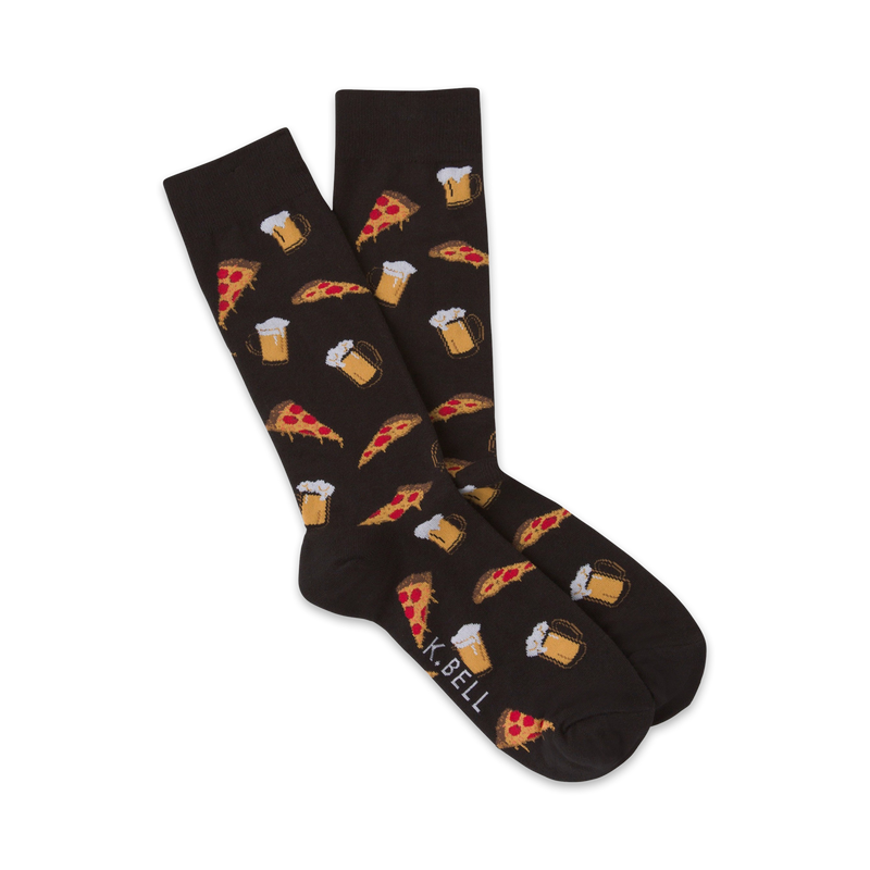 Pair of dark brown crew socks with a repeating pattern of pizza slices and beer mugs. Fun and casual style.