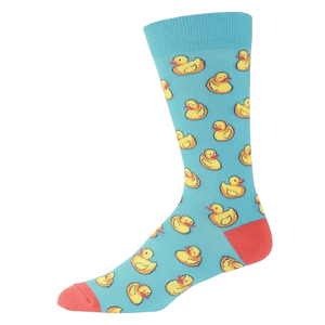 Side view of a light blue crew sock with yellow rubber duck pattern. Coral-colored heel and toe visible.
