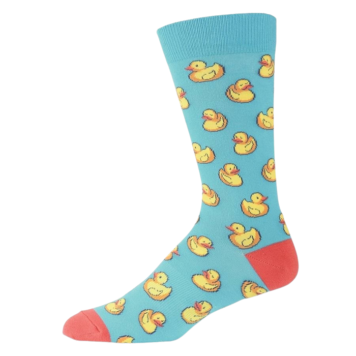 Side view of a light blue crew sock with yellow rubber duck pattern. Coral-colored heel and toe visible.