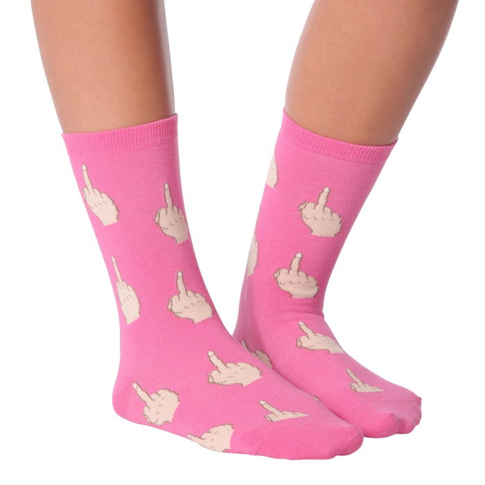 A pair of pink socks with a pattern of middle fingers.