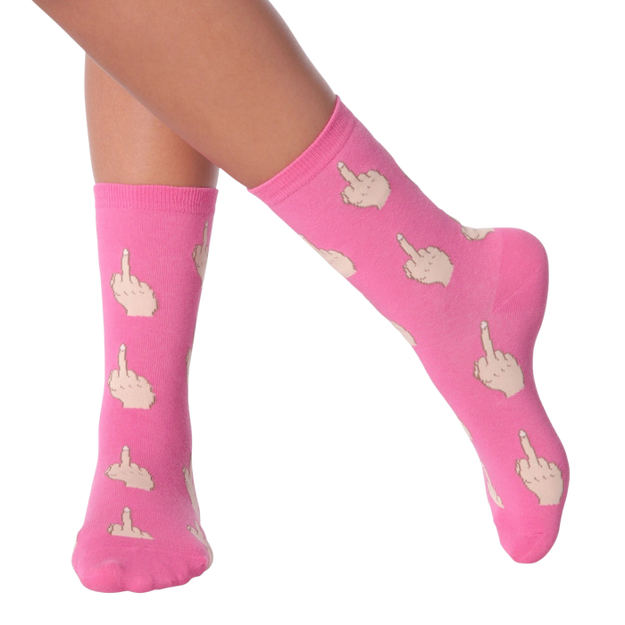A pair of pink socks with a pattern of middle fingers.
