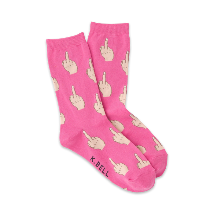 womens sassy pink crew socks that feature a pattern of pixelated middle fingers in various shades of brown.  