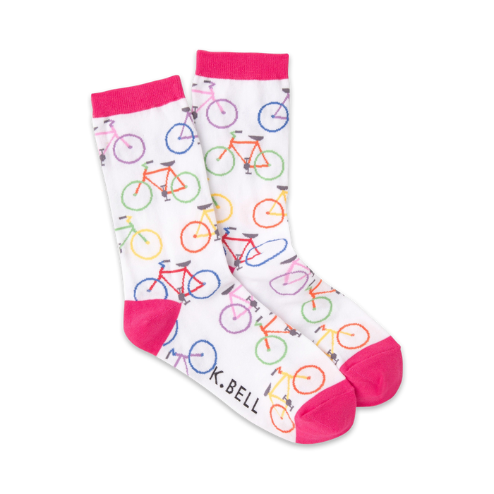 white women's crew socks decorated with a parade of bike images in pink, orange, green, blue, and yellow.   }}