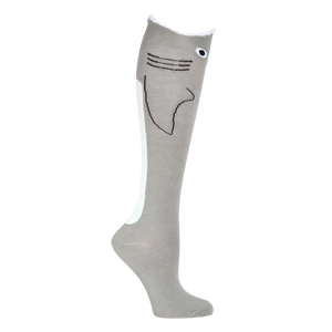 Close-up of a single grey shark sock. Shows off the detail of the shark face and fin.
