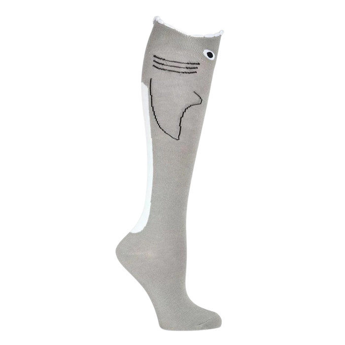 Close-up of a single grey shark sock. Shows off the detail of the shark face and fin.