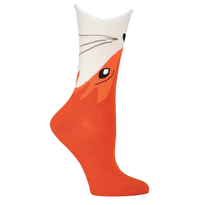 Cream and orange crew socks featuring a whimsical fox face design. The fox's face is on the top of the sock with a scalloped edge. }}