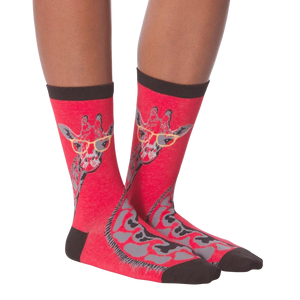 Another lifestyle shot of model wearing red crew socks with a giraffe wearing glasses design.