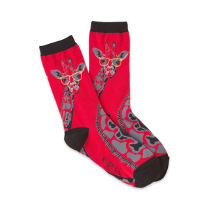 Pair of red crew socks with a whimsical giraffe wearing glasses design. Gray giraffe spots and black cuffs.