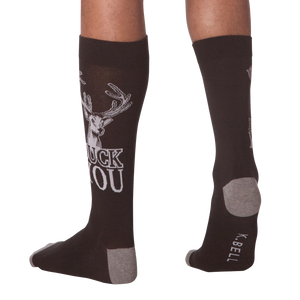 Back view of a person wearing a pair of 'Buck You' socks.