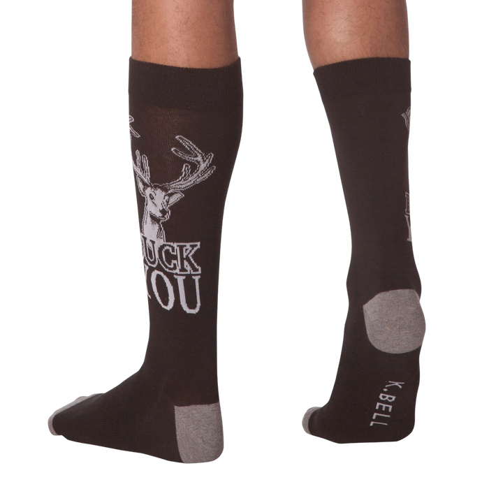Back view of a person wearing a pair of 'Buck You' socks.