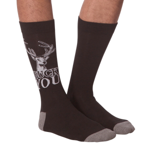 Flat lay of 'Buck You' socks, showing both socks.