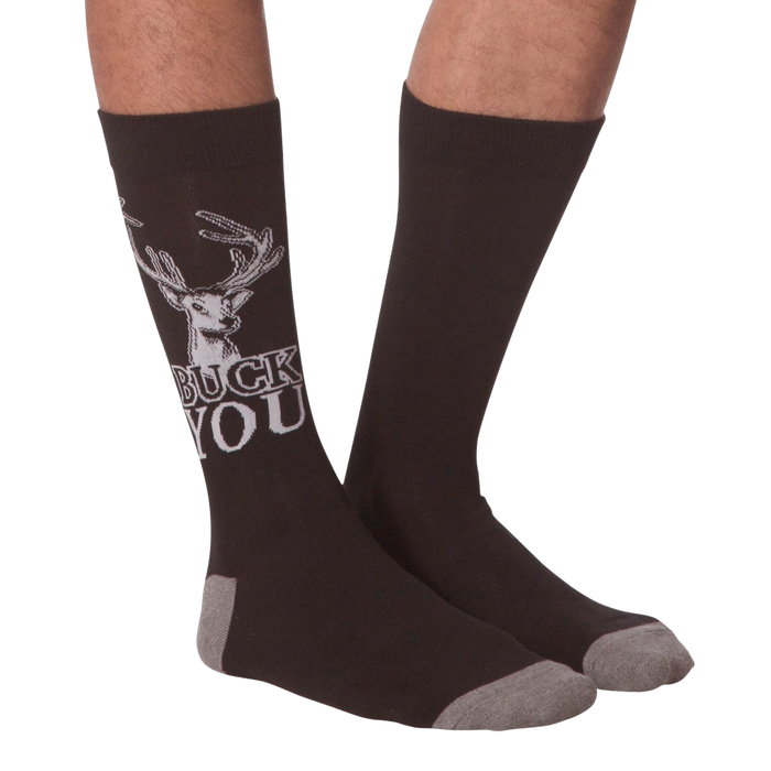 Flat lay of 'Buck You' socks, showing both socks.