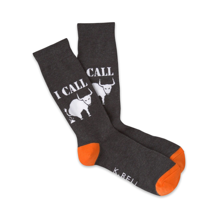 mens gray crew socks with orange heel and toe featuring white bull pattern and 