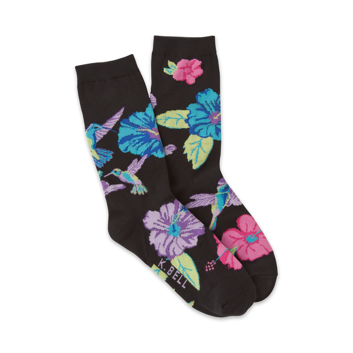 black crew socks for women featuring a pattern of hummingbirds and hibiscus flowers.   }}