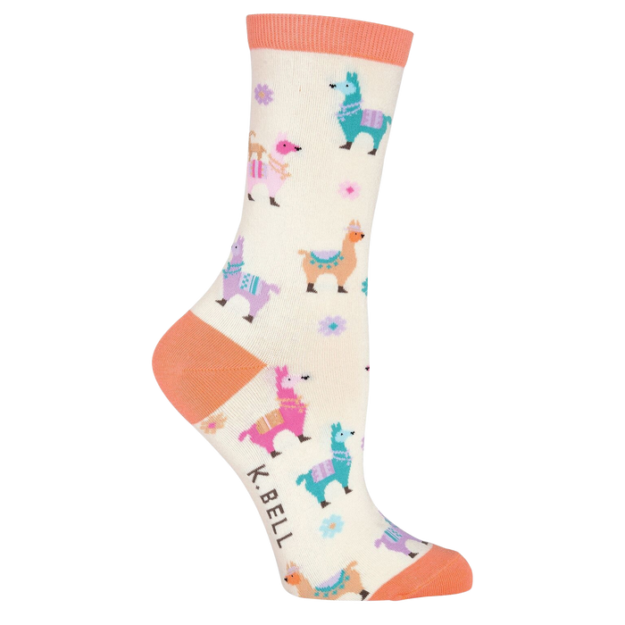 A pair of off-white socks with a colorful pattern of llamas, flowers, and birds. The socks have a pink toe, heel, and cuff.