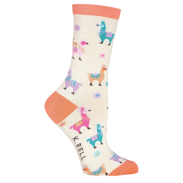 Side view of a single cream crew sock with coral pink cuff and pastel llama design on a black background.