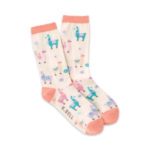 Cream crew socks with a fun pastel llama pattern and coral-pink cuffs.  The llamas are in teal, pink, and purple.