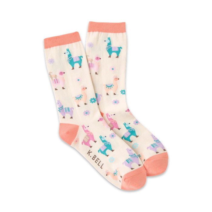 Cream crew socks with a fun pastel llama pattern and coral-pink cuffs.  The llamas are in teal, pink, and purple.