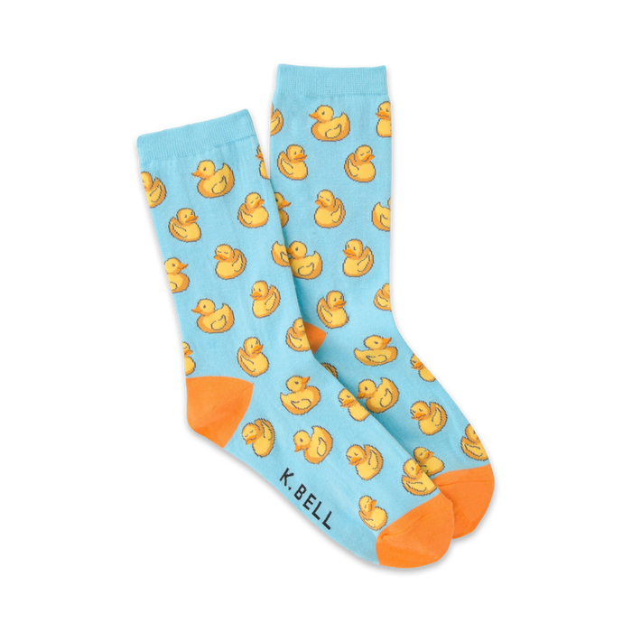 yellow rubber duck pattern, blue crew socks with orange cuff. fun and cute duck socks for women.   }}