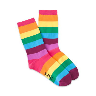 A pair of crew socks in a rainbow stripe pattern. The colors are pink, orange, yellow, green, light blue, purple, and maroon.