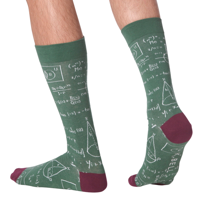 Lifestyle shot showing the Math Equations socks on a person's legs, showcasing how they look when worn.
