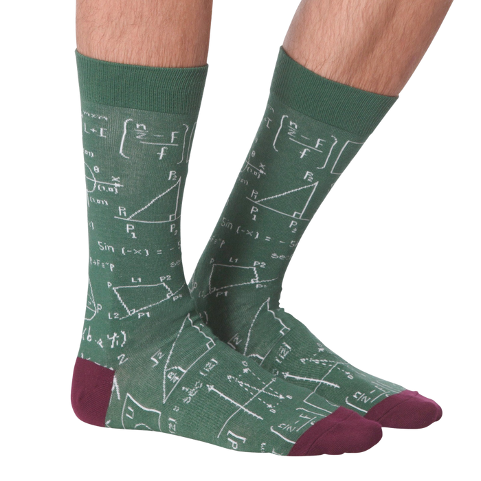 Back view of the Math Equations socks on a person's legs; displays the full design on the back of the socks.