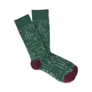 Pair of green crew socks with a chalkboard print featuring math equations, geometric shapes, and a maroon cuff.