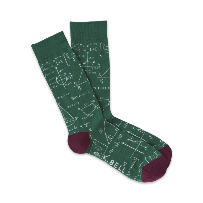 Pair of green crew socks with a chalkboard print featuring math equations, geometric shapes, and a maroon cuff.