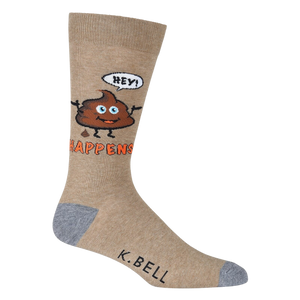Close-up of a single tan 'Hey! Shit Happens' sock, showcasing the design details.