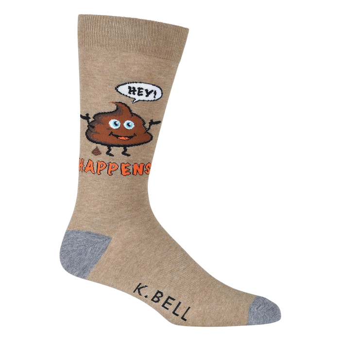 A pair of brown calf-length socks with a cartoon poop emoji on each sock. The poop emoji has a smiling face and is saying 