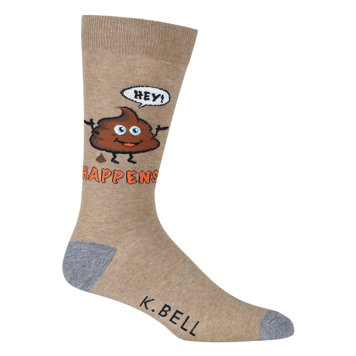 Close-up of a single tan 'Hey! Shit Happens' sock, showcasing the design details.