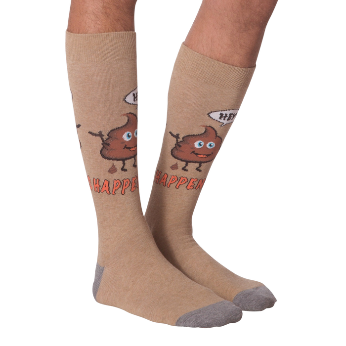 A pair of 'Hey! Shit Happens' socks laid flat to show the full design.