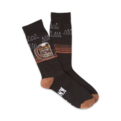 Pair of dark-grey crew socks with a tan heel and toe. Features a beer mug graphic with the text 'I Drink & Know Things' and a repeating bottle design.
