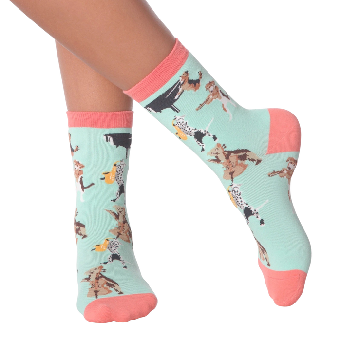 Lifestyle shot of a person wearing the Musical Dogs socks, showcasing how they look on the feet.