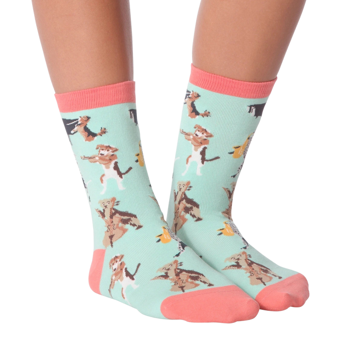 Flat lay product shot of the Musical Dogs socks, highlighting the design detail from a birds-eye perspective.