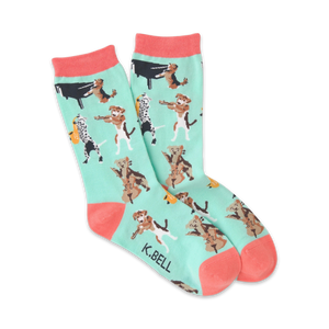 Crew socks in mint green with coral cuffs.  The design features various breeds of dogs playing musical instruments like the piano, cello, and saxophone.