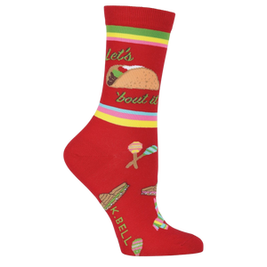Close-up view of the 'Let's Taco Bout It' socks, highlighting the design details.