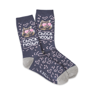 Pair of crew socks; dark blue with a grey cuff; features a cat wearing sunglasses and the text 'Check Meowt'.