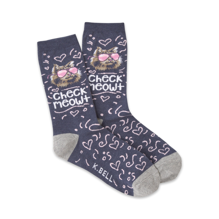 Pair of crew socks; dark blue with a grey cuff; features a cat wearing sunglasses and the text 'Check Meowt'.