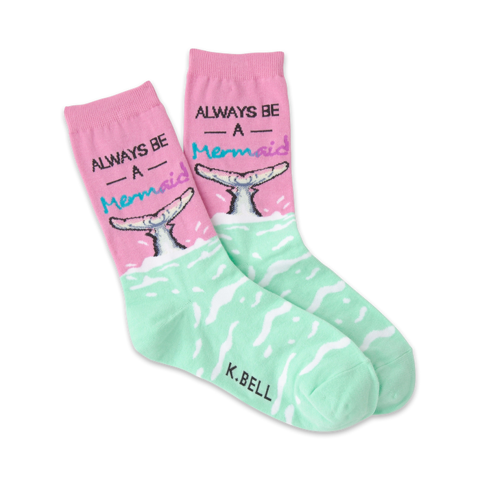 pink and green crew socks with mermaid tail pattern and 