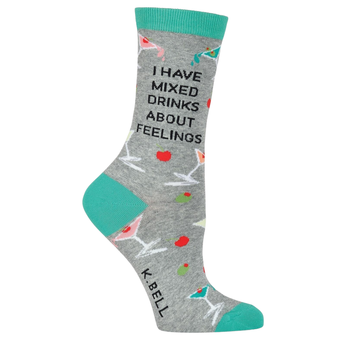 Close-up of a single 'I Have Mixed Drinks About Feelings' sock, showcasing the teal cuff and detailed design.
