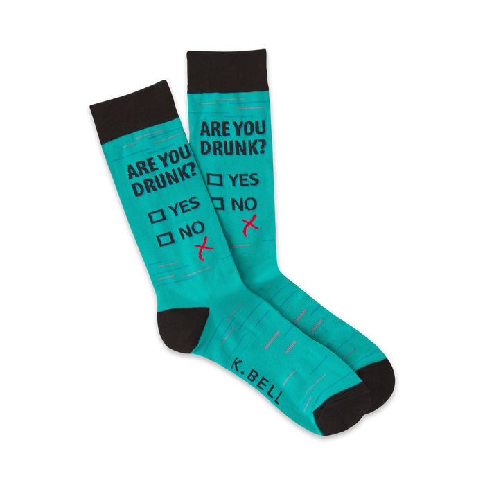 blue, black, and white crew socks with â€œare you drunk? ..yes or noâ€ printed on the foot.   }}