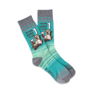 Pair of teal and gray crew socks featuring a graphic of a dog with a beer, text reads 'In dog beers I've had 1'.