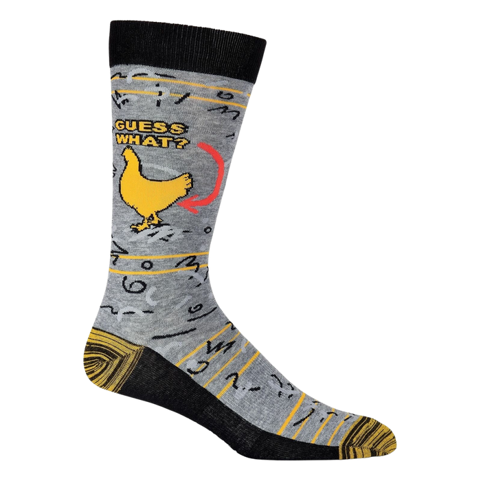 Close-up of a single 'Guess What? Chicken Butt' sock showcasing the design details.