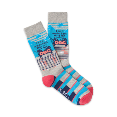 A pair of crew socks in gray, teal, and coral. The socks feature the text 'I just wanna hang with my DOG' and a playful illustration of dogs.