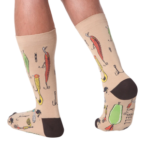 Lifestyle shot:  Person wearing tan Fishing Lure socks, showcasing the design from the back.